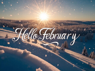 mesmerizing landscape with snow with text "hello february"