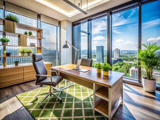 Fototapeta premium Modern Office Interior: Macro Shot of Sleek Desk & Large Window Detail