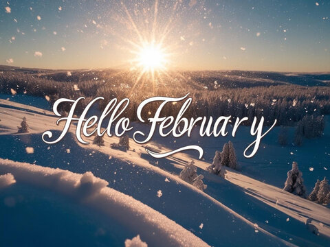 mesmerizing landscape with snow with text "hello february"
