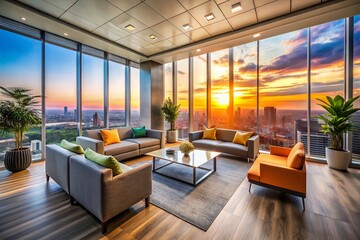 Naklejka premium Modern Office Waiting Area with Panoramic City View - Stock Photo