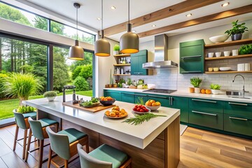 Modern Open Concept Kitchen Interior with Delicious Food Photography
