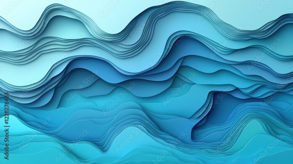 Poster abstract layered waves in varying shades of blue create a soothing visual effect.