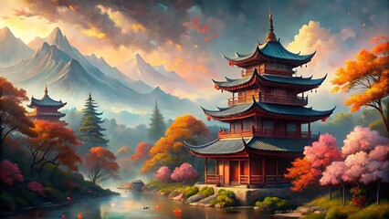 Obraz premium Modern Oriental Abstract Art Background: Vibrant Colors & Copy Space for Design