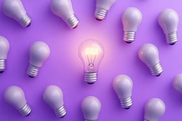 One light bulb illuminates among unlit bulbs on a vivid purple background, representing inspiration