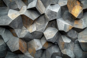 Abstract geometric pattern of dark grey and orange basalt rock formations.