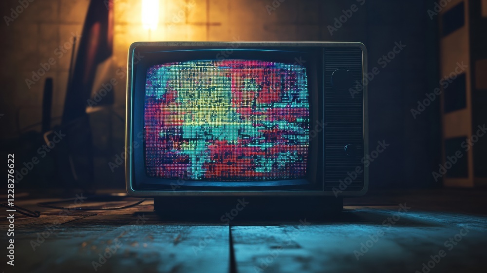 Fototapete retro television displays vibrant static noise and colorful glitch patterns in a dimly lit room at n