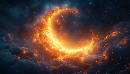 Fototapeta premium Glowing Celestial Crescent Formed by Stars Amidst Clouds in Deep Blue Night Sky