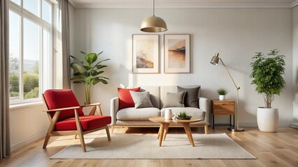 Fototapeta premium Modern Scandinavian Living Room with Red Accent Chair & Wall Art - High-Resolution Stock Photo