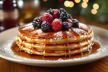 A table filled with delicious golden pancakes drizzled with syrup, a tempting breakfast treat in a cozy setting