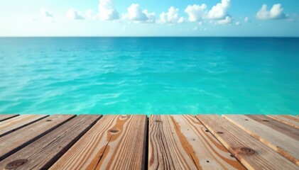 Weathered wooden surface overlooking tranquil blue sea, nature, seascape