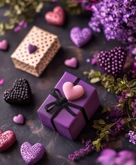 A charming purple gift box adorned with a heart-shaped decoration, nestled among vibrant purple flowers, perfect for expressing love on Valentine's Day.