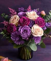 A charming vase overflows with delicate purple and white roses, accompanied by enchanting purple blooms, creating a romantic centerpiece for Valentine's Day.