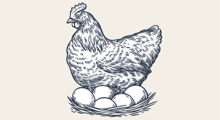 Chicken, hen with nest, eggs. Sketch artwork silhouette chicken, hen with nest, eggs. Vintage retro print, chicken, hen eggs sketch ink pencil style drawing, engrave old school. Vector Illustration