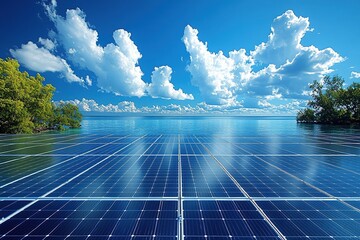 Ocean solar panels reflect sky, clouds, and tropical island