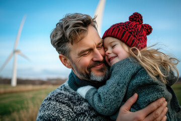 Heartwarming scene unfolds near a wind turbine, where a father and daughter share a tender embrace, symbolizing the importance of family bonds and a commitment to renewable energy sources