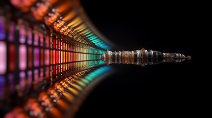 Colorful tunnel, steampunk ship, dark background, futuristic travel