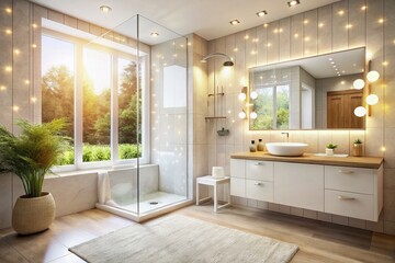 Fototapeta premium Modern White Bathroom with Bokeh, Clean Shower, Tile Walls & Floor, White Sink