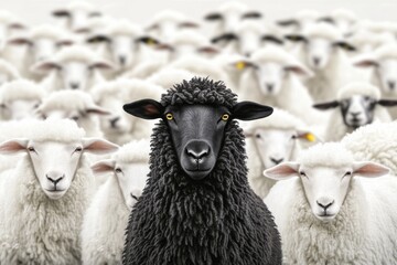 A black sheep is surrounded by a group of white sheep, showcasing uniqueness amidst uniformity