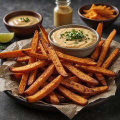 french fries with ketchup Homemade Baked Potato Fries with Mayonnaise and rosemary on wooden board. mixed snacks in boxes professional advertising food photography