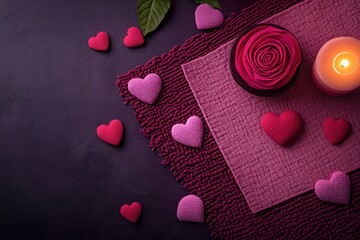 Softly glowing candles illuminate a table adorned with vibrant hearts, draped in a delicate pink cloth, creating a romantic ambiance for lovebirds.