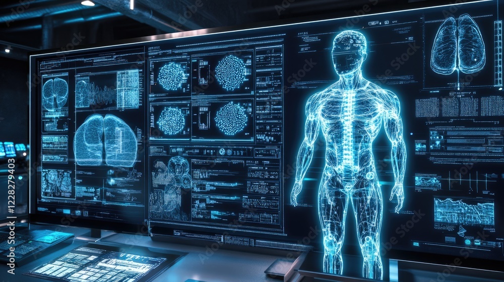 Poster a futuristic biomedical lab setup with glowing digital interfaces.