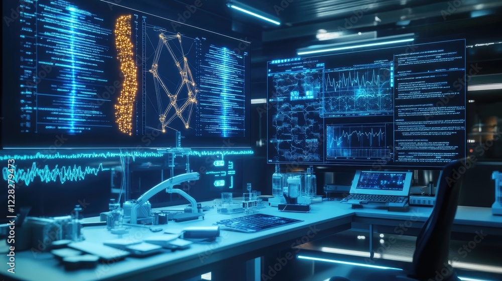 Aufkleber a futuristic biomedical lab setup with glowing digital interfaces.