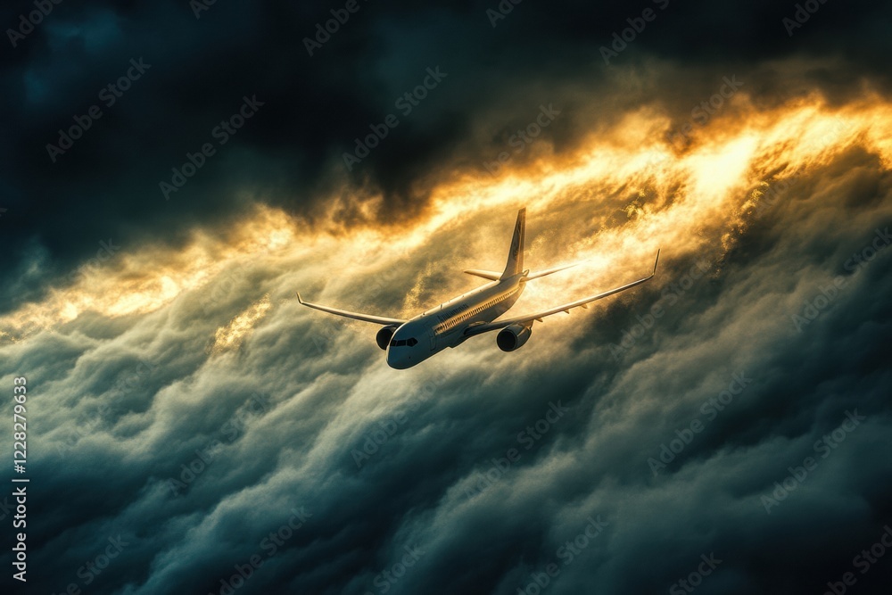 Poster airplane flying through dramatic clouds illuminated by golden light at dusk. generative ai