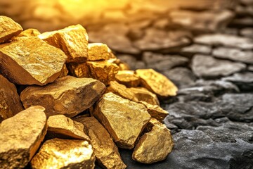 Clusters of shiny gold nuggets and rough stones on a textured black surface evoke mining activity