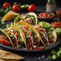 Mexican chilli beef tacos with a mix of tomatoes, lettuce, and cheese in tortilla shells shawarma and salad A vibrant taco filled with fresh Mexican ingredients bursts with color and flavor