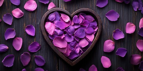 Delicate purple petals elegantly arranged in a heart-shaped bowl, resting on a rustic wooden table, evoke romance and warmth for Valentine's Day.