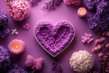 A romantic purple heart-shaped bowl cradles delicate flowers and flickering candles, all set against a dreamy purple backdrop, perfect for Valentine's Day.