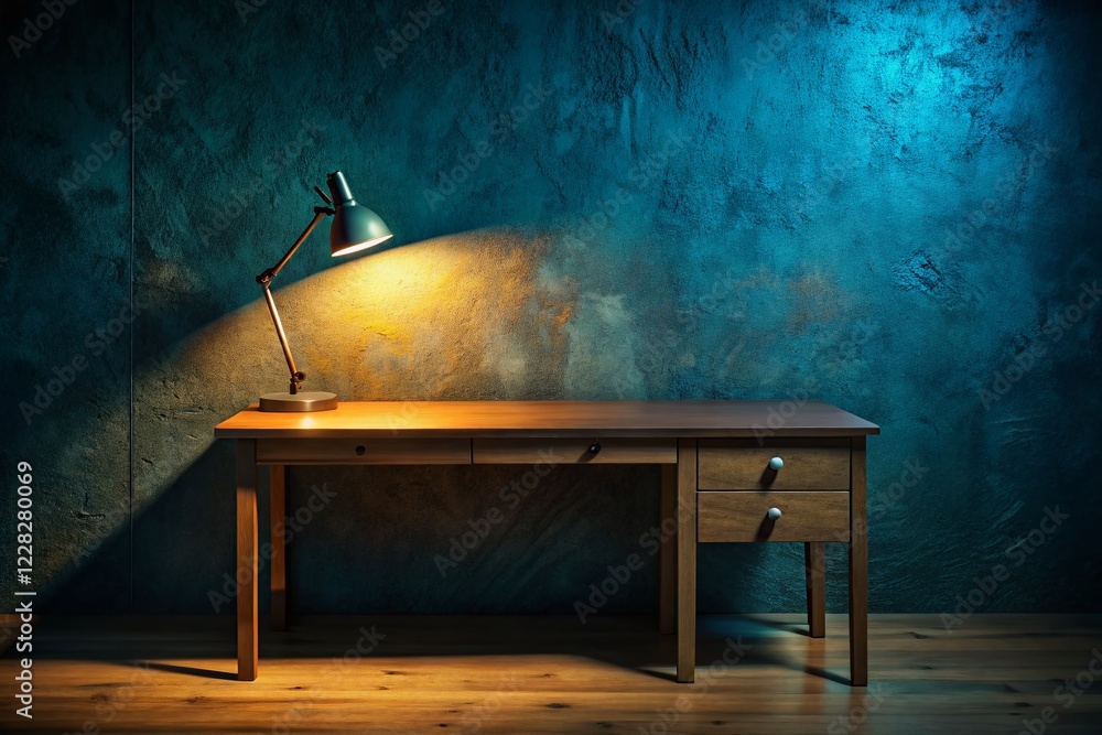 Poster moody low light desk space: shadows and empty workspace for product display
