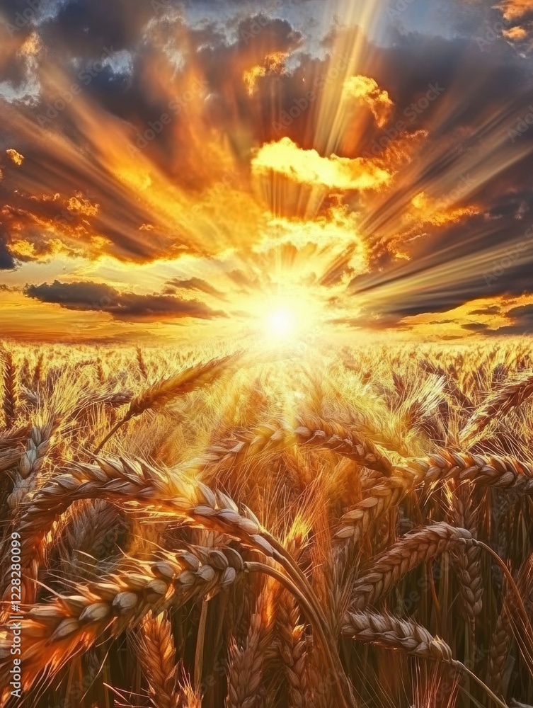 Poster sunset rays illuminate golden wheat fields in a breathtaking harvest landscape. generative ai