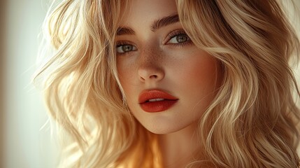 Fototapeta premium Close-up portrait of a beautiful woman with long blonde hair, green eyes, and red lipstick, looking at the camera.