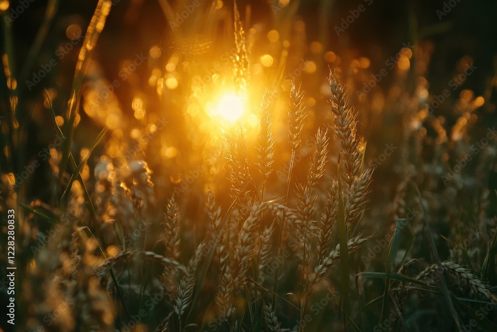 Aufkleber rays of sunlight illuminating golden ears of wheat in a tranquil countryside setting during golden h