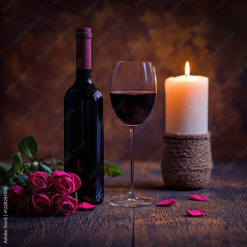 Poster A romantic setting with a bottle of wine and a glass, ready to toast to love, surrounded by soft candlelight and hearts whispering sweet nothings.