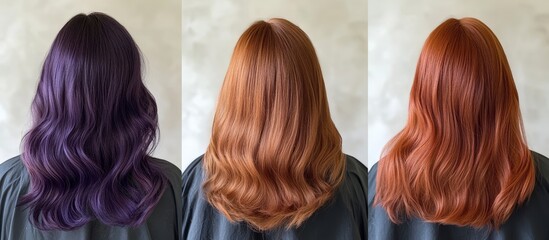 Fototapeta premium Woman's Hair Color Transformation: Purple, Copper, Red Shades - Back View