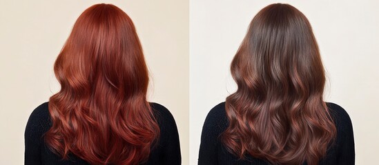 Fototapeta premium Woman's Hair Color Transformation: Before & After, Red to Brown, Long Waves
