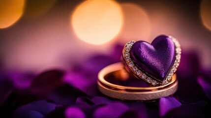 Obraz premium A stunning purple heart-shaped ring sparkles with diamond accents, resting gracefully atop a delicate purple flower, embodying love's elegance.