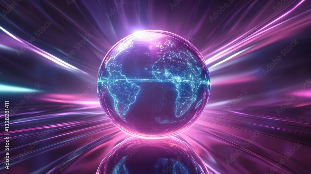 Poster Spinning globe showcases glowing contour lines against a dynamic backdrop of colorful light streams. Generative AI