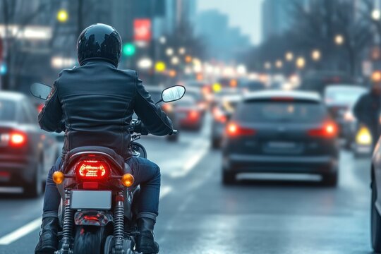 Motorcyclists navigate tight spaces in heavy traffic on a busy city street at dusk
