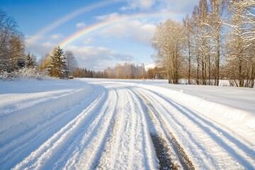 Obraz premium A vibrant rainbow arcs over a snowy winter scene with a winding road amidst frosty trees
