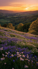 Fototapeta premium Wide-angle shot of a wildflower meadow bathed in golden sunset light, with daisies, daffodils, and bluebells filling the landscape, creating an inviting spring scene. Generative AI