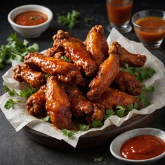A close-up of smoky BBQ chicken wings, with sticky sauce and charred edges, garnished with green onions. Spicy Chicken Wings with Sesame Seeds and Green Onions