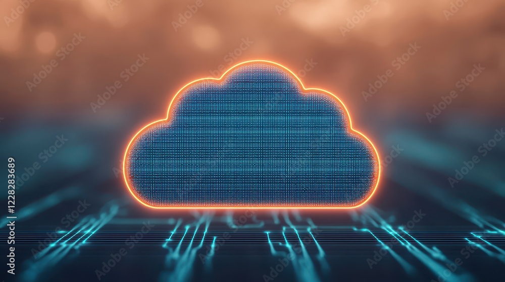 Poster digital cloud icon with byte pattern and neon glow effects
