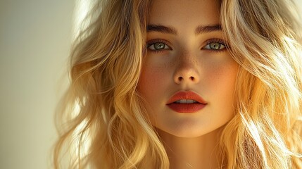 Naklejka premium Close-up portrait of a beautiful young woman with blonde hair and green eyes.