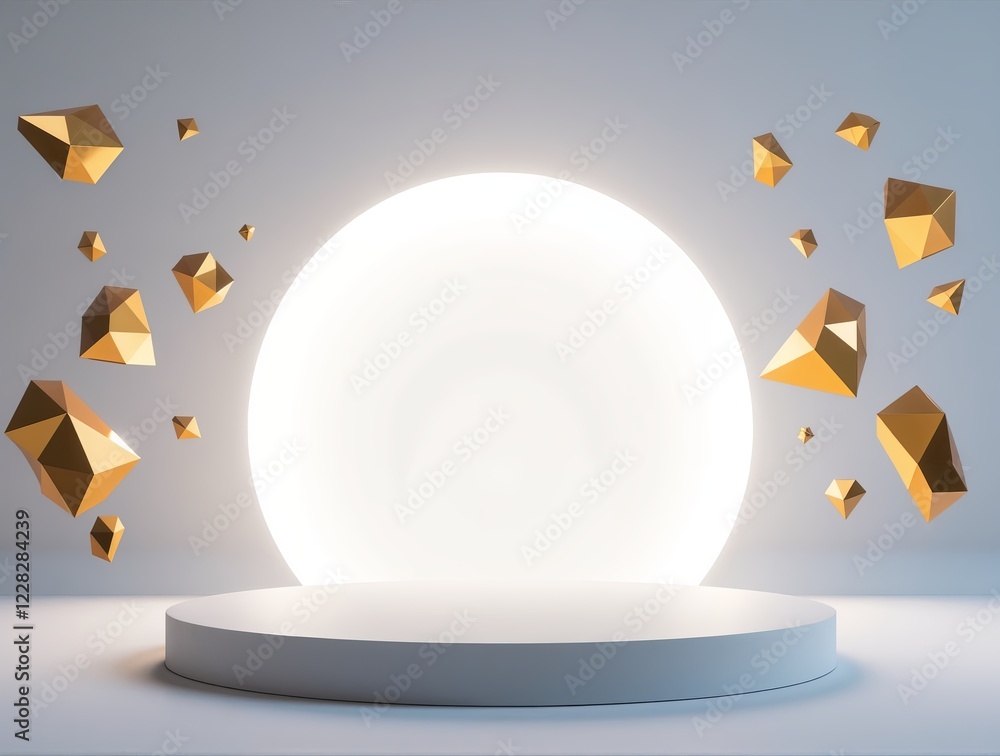 Poster minimalist 3d rendering of a white podium with a glowing circle background and golden geometric shap