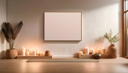 Blank pictures frame mockup wall art posters in cozy light beige room interior