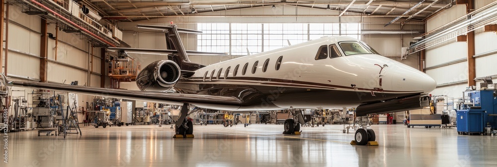 Poster Luxury private jet parked inside a spacious hangar with tools and equipment in the background during daylight hours. Generative AI