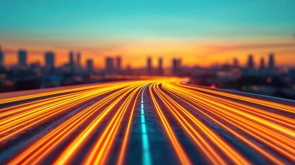 Obraz premium Vibrant Cityscape at Sunset with Light Trails of Moving Vehicles